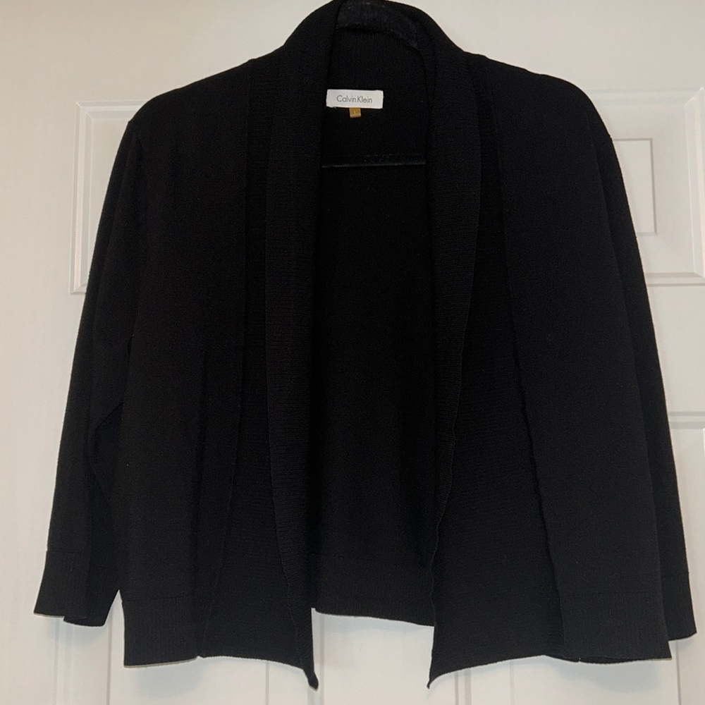 Calvin Klein Silk Blend Open Cardigan Sweater L Black NWOT Bolero Shrug Classic
